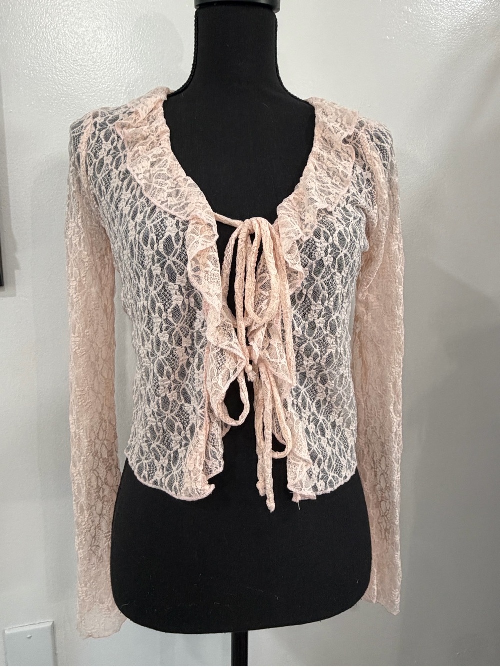 Sheer Lace Tie-Front Robe in Light Blush Pink